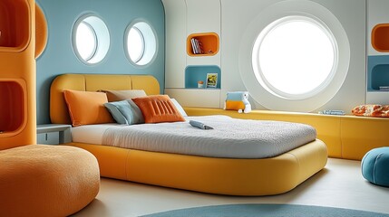 A modern bedroom with a yellow bed, round windows, and orange and blue accents for a child's room