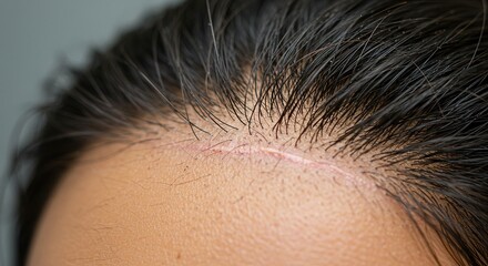Close-Up of Hairline with Surgical Scar and Regrowing Hair - Concept for Hair Transplants, Scalp Health, and Dermatology.