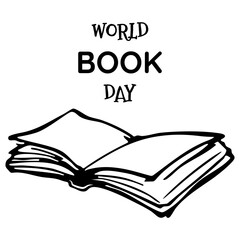 Black and white hand drawn open book with World Book Day text isolated on transparent background. Ideal for educational posters, event banners, and literacy campaigns. Vector art.
