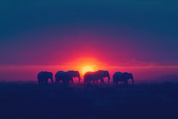 Fototapeta premium A silhouette of elephants gracefully walking against a vibrant sunset, bathed in pink and purple hues.