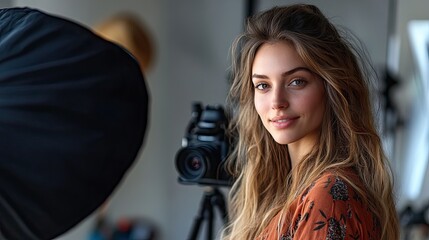 Portrait of a beautiful woman with wavy hair smiling next to a camera and lighting equipment