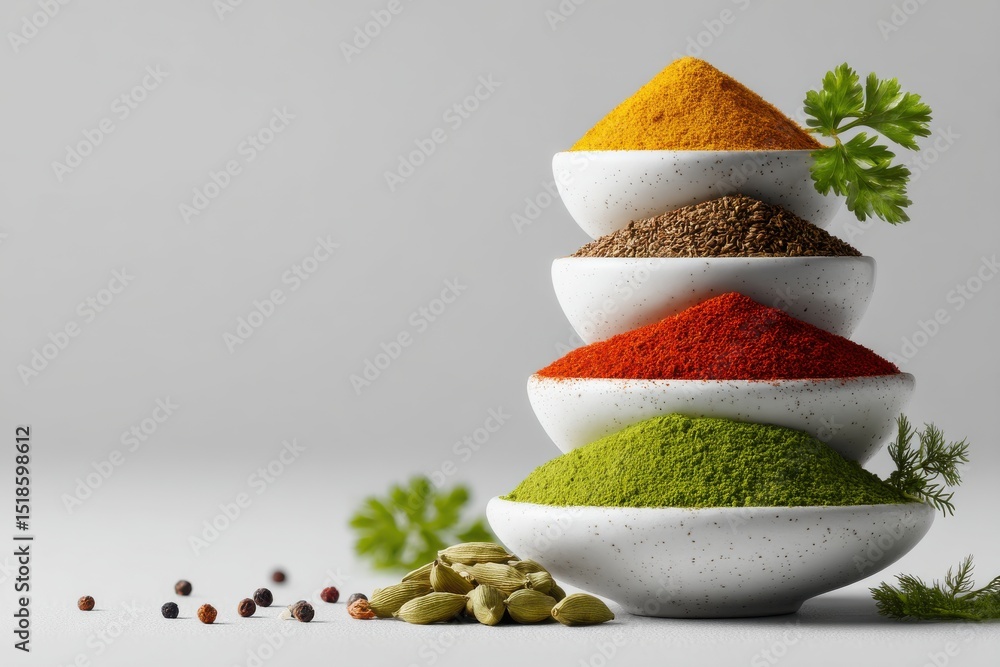 Poster a vibrant still life featuring a stack of colorful spices in white bowls, creating a visually appeal