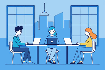 Office teamwork scene, three people working on laptops, corporate collaboration, workspace productivity, professional office environment, business meeting setup.