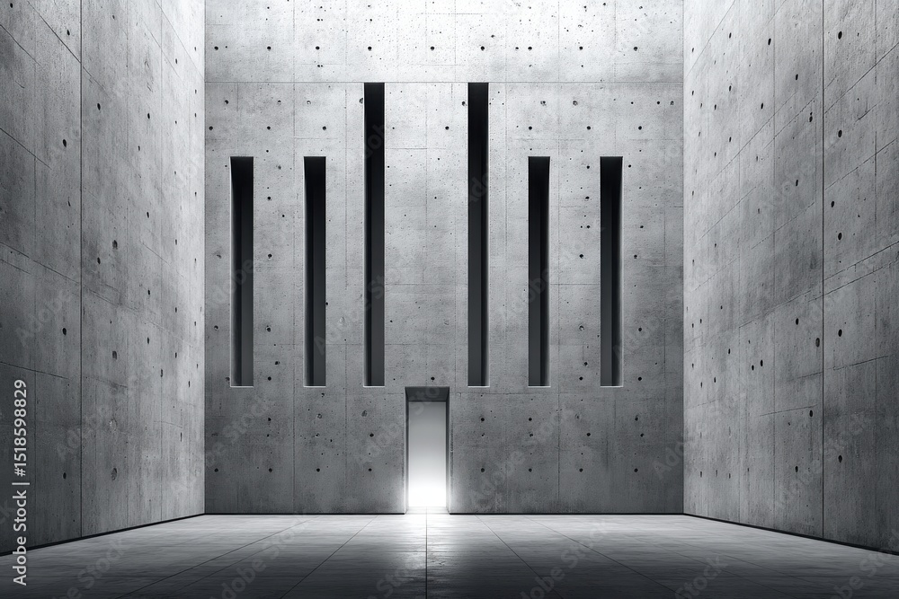 Poster an interior space with a strong architectural design featuring concrete walls and strategically plac