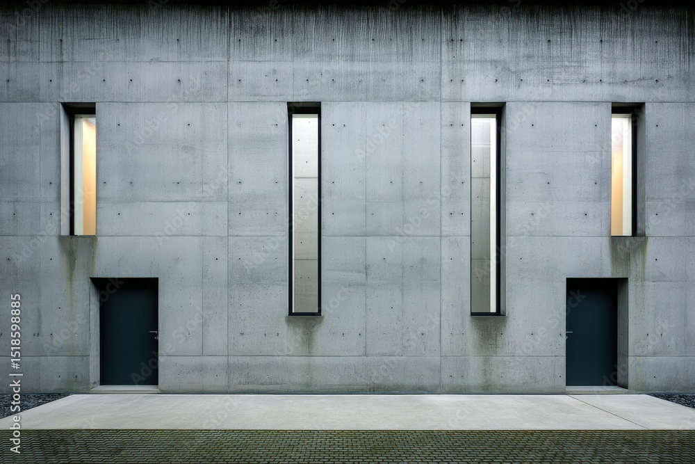 Aufkleber minimalist architecture featuring a concrete wall facade with symmetrical windows and doors, creatin