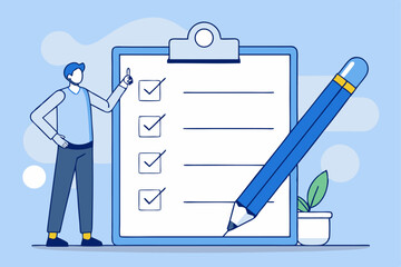 Man pointing at checked list on clipboard, big pencil and plant, task or organization concept, blue background, productivity and completion.