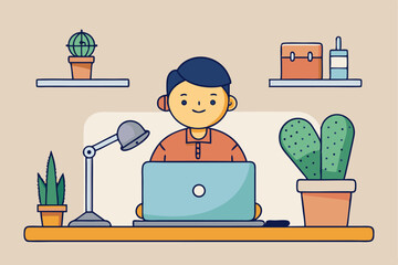 Man working on laptop with plants and lamp, light background, creative or remote work concept, cozy environment, productivity and relaxation.