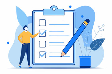 Man checking list on clipboard, big pencil and plant, task management or organization concept, blue background, productivity and completion.