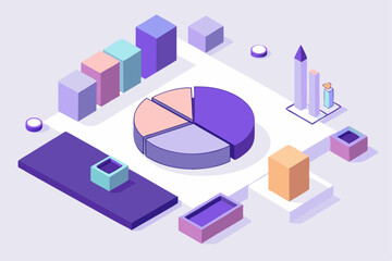 Colorful data charts on purple background, pie and bar graphs, business or analysis concept, statistics and information, productivity and insight.