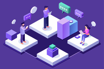 People working and communicating on platforms, purple background, business or collaboration concept, dialogue bubbles and teamwork, productivity and connection.