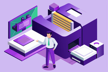 Man operating large purple industrial machine, work process, production or manufacturing concept, paper and screen, equipment operation.
