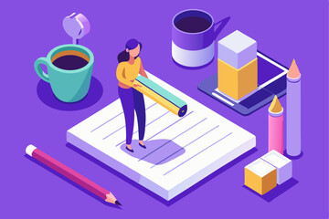 Woman working with long object on paper, coffee cups and stationery around, creative or design concept, purple background, productivity and art.