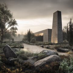 Crematorium and cemetery landscape with modern architecture, large rocks, trees, and a cloudy sky creating a somber atmosphere