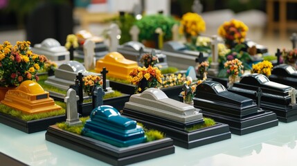 Fototapeta premium Colorful miniature coffins and tombstones arranged in a display at a cemetery exhibition