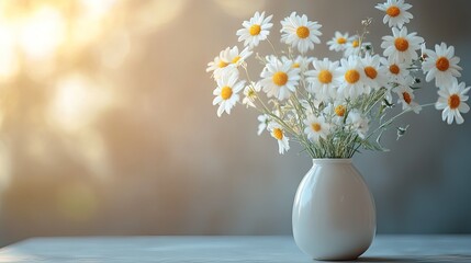 A vase filled with daisies on a table in front of a blurred background with a light source shining