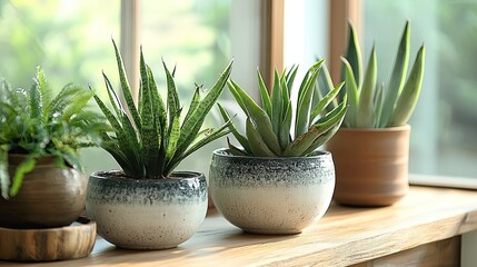 A collection of potted plants including snake plants and ferns sitting on a wooden window sill indoors