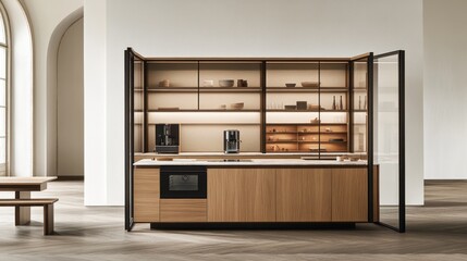 Modern kitchen with built-in cabinetry and glass doors.