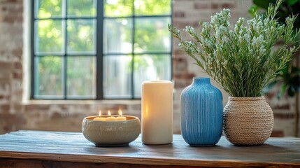 Still life featuring candles and vases with greenery against a window with natural light indoors