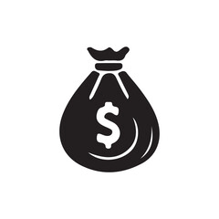 Simple Black and White Money Bag Icon.A solid black icon of a money bag with a dollar sign.