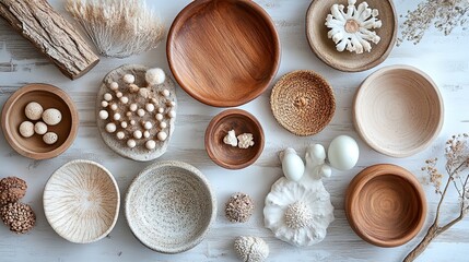 Overhead shot of various wooden and ceramic bowls, decorative items, and natural elements on a white surface