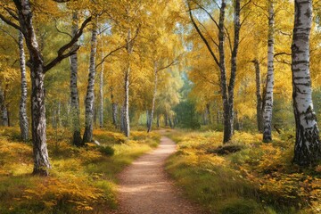 Autumn birch forest path scenic view on white background