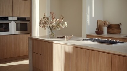 Wooden kitchen cabinets and an island with a stovetop.
