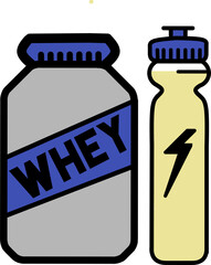 Illustration of whey protein supplement container and energy drink bottle, suitable for fitness and health branding.