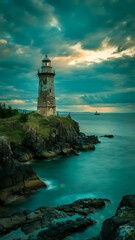 The picturesque lighthouse overlooks the ocean with a beautiful sunset and clouds.