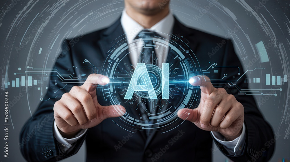 Poster businessman interacting with futuristic ai interface, touching virtual holographic elements represen