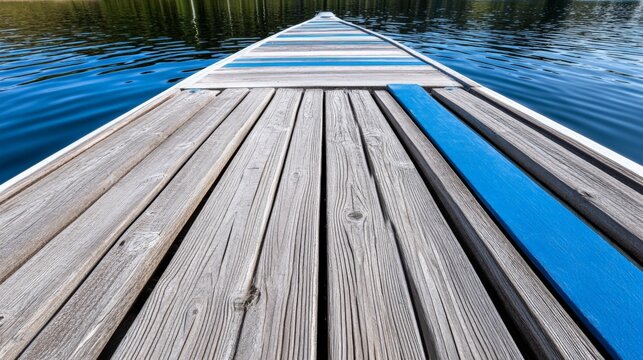 Wooden dock extending over calm water with a blue stripe along the edge