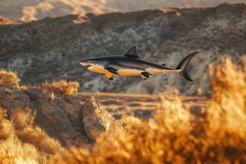 Fototapeta premium A great white shark is curiously positioned in an arid desert landscape, far from its natural marine habitat.