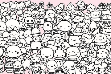 Kawaii characters in crowded cartoon doodle