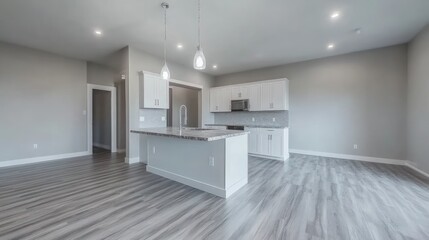 Fototapeta premium Open-concept kitchen and dining area with gray laminate flooring.
