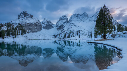 Majestic snow-covered mountains reflect in a calm lake at dusk, creating a stunning scene.
