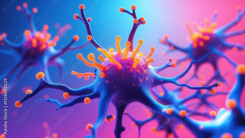 Poster abstract visualization of neural cells with glowing connections in vibrant blue and pink gradient ba