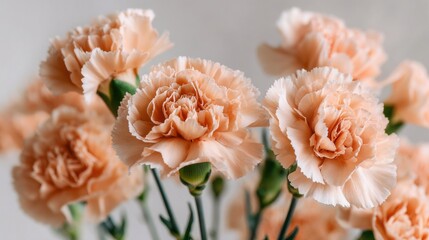 Close up of peach colored carnation flowers in a bouquet arrangement