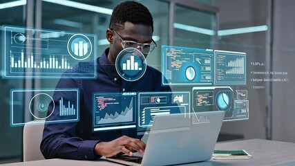 Software engineer coding on laptop computer with innovation technology interface. motion video. - Powered by Adobe