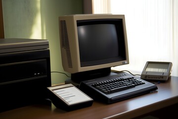 Vintage 1980s computer setup with a CRT monitor and a modern smart display on an office desk