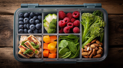 Healthy lunchbox with sandwich, broccoli, spinach, almonds, raspberries and blueberries for balanced diet and meal prep