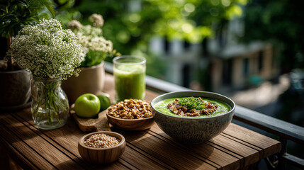 Green smoothie with apple, spinach salad and mixed nuts served on outdoor wooden table in natural garden atmosphere