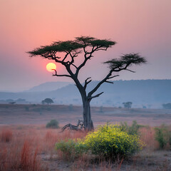 Stunning sunset over an acacia tree in the African savanna landscape.