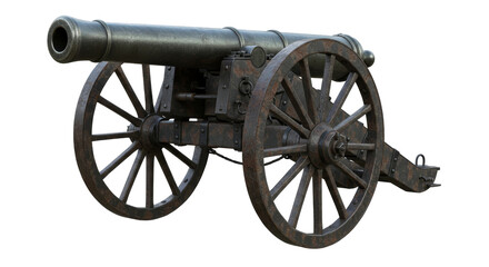 Old Cannon with wheels isolated on transparent background, Fire Cannon PNG 