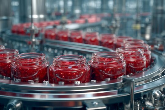 A modern factory showcases jars filled with vibrant red jam being transported on an assembly line