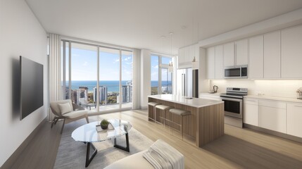 Fototapeta premium Modern city apartment with panoramic ocean views.