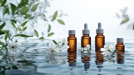 Essential oil bottles floating in water with blossoms tranquil nature scene