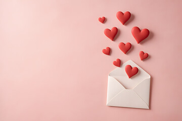 Red hearts floating out of a white envelope on a pink background
