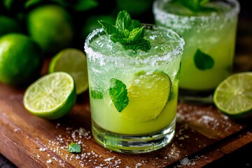 Fototapeta premium A vibrant lime cocktail is served in a glass adorned with mint leaves and sea salt. Fresh limes are scattered around, enhancing the lively atmosphere of a summer gathering
