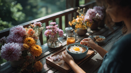 Cozy breakfast table with fried egg, tea and flowers on balcony with warm morning sunlight, slow living lifestyle concept