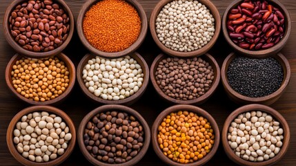 Fototapeta premium Assorted colorful beans and lentils arranged in small wooden bowls for culinary use