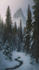 Stunning winter landscape showcases a snow-covered mountain and forest with a stream.